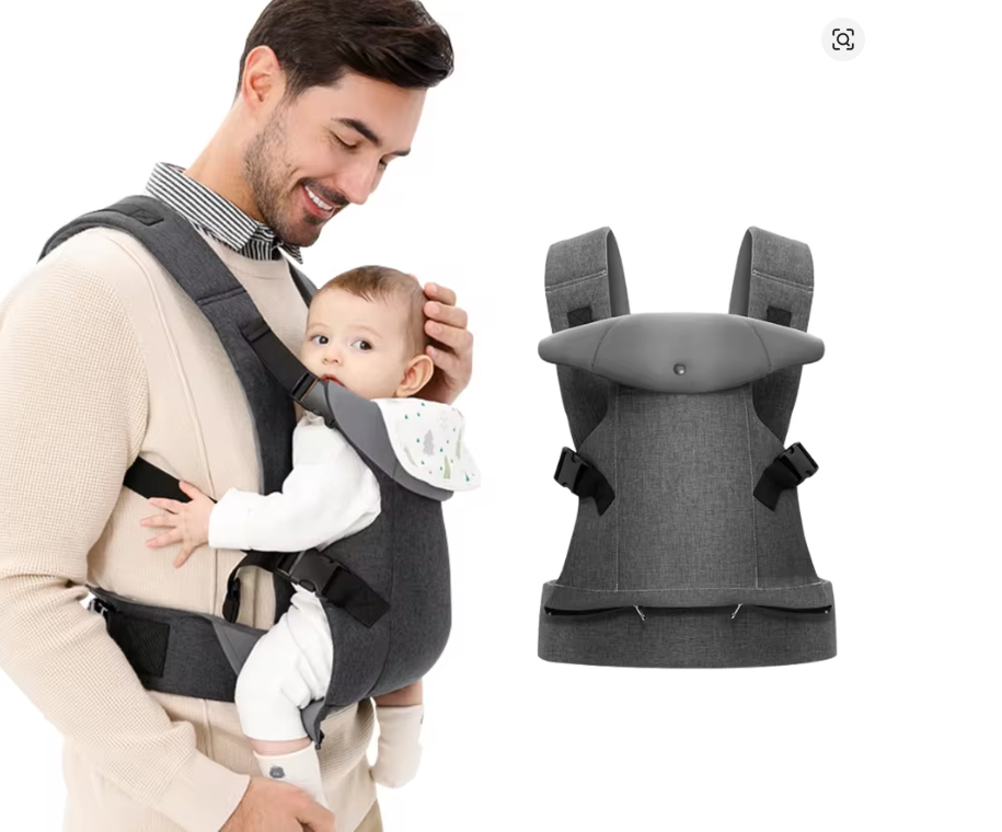 Porte Bébé pliable ergonomique - Coloris Gris - Vue portage et produit seul