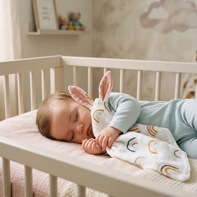 Bébé qui dort paisiblement avec son doudou oreilles lapin arc-en-ciel kaki en coton mousseline