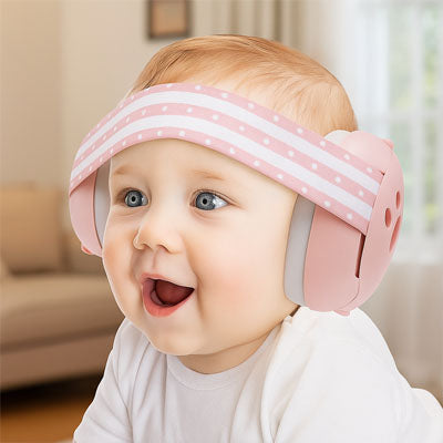Casque anti-bruit bébé rose  avec le sourire