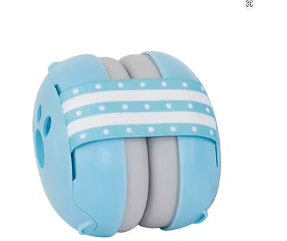 Casque anti-bruit bébé bleu pastel avec élastique à pois blancs