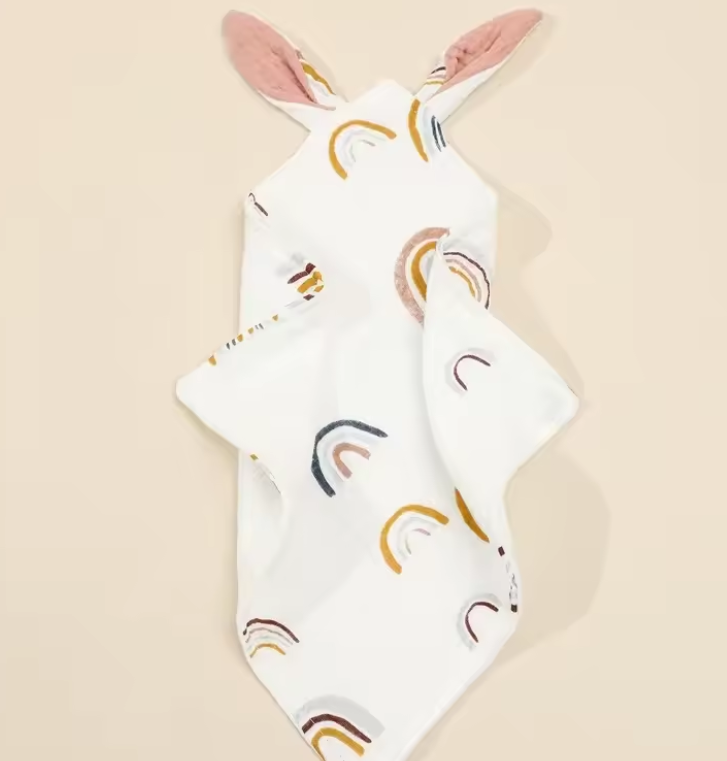 Doudou arc-en-ciel coloré oreilles lapin coton mousseline