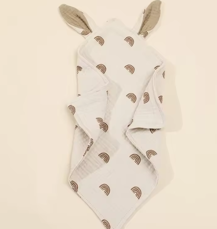 Doudou arc-en-ciel gris oreilles lapin coton mousseline