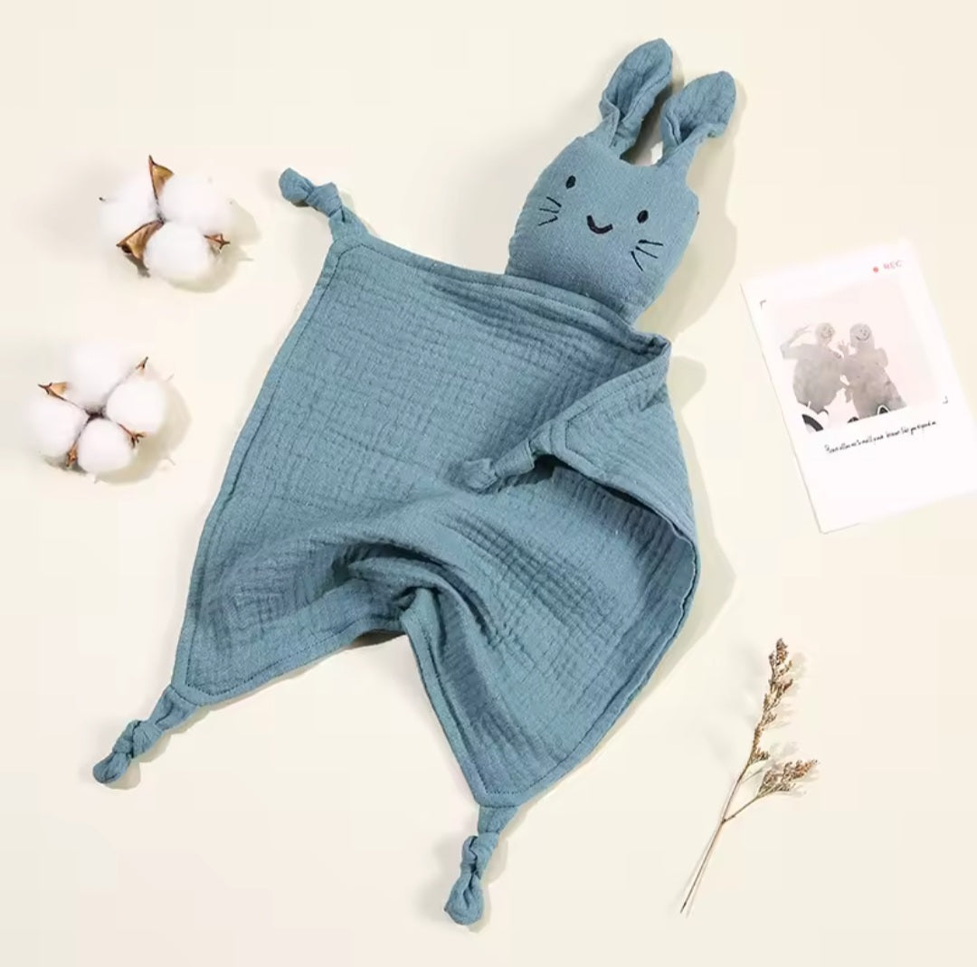 Doudou lapin mousseline coton couleur bleu - doudou plat bebe 