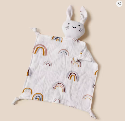 Doudou lapin mousseline coton motif arc-en-ciel- peluche apaisante bebe