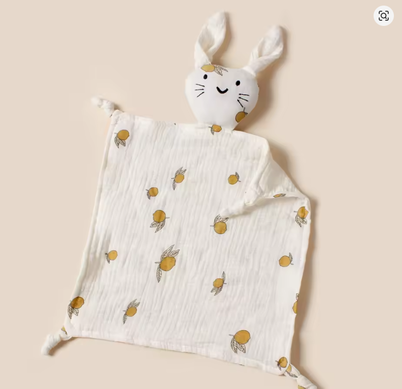 Doudou lapin mousseline coton motif citrons jaunes - doudou plat bebe