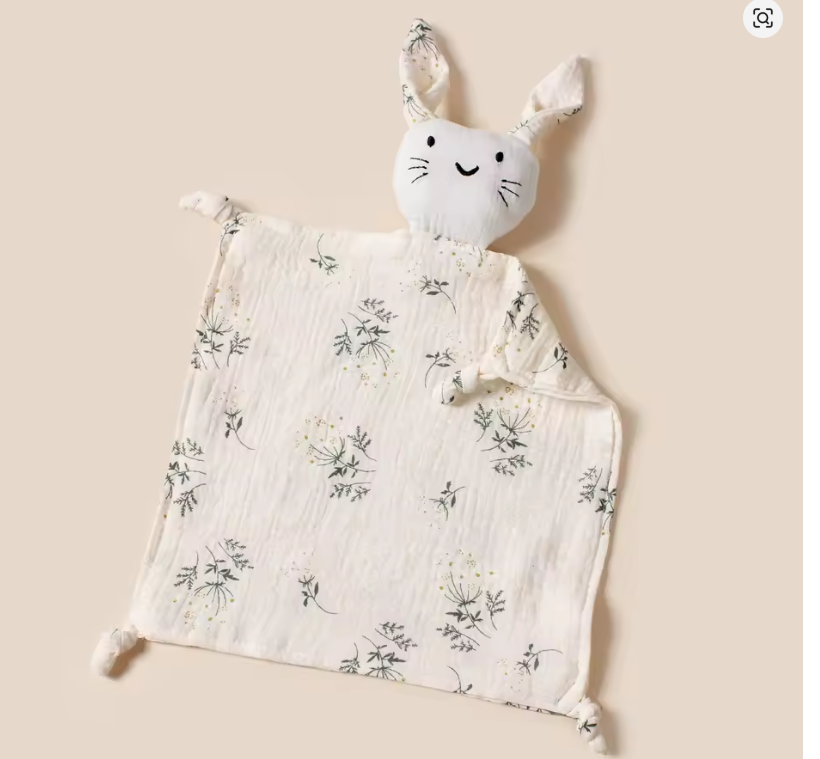 Doudou lapin mousseline coton motif fleurs botaniques vertes