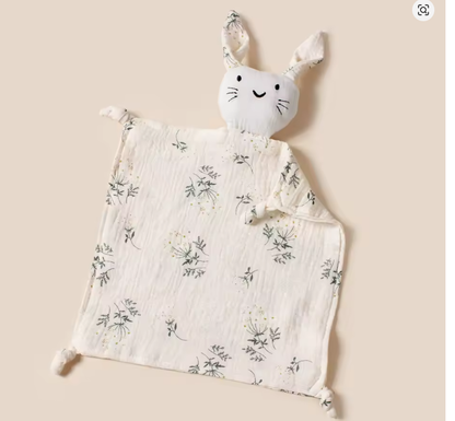 Doudou lapin mousseline coton motif fleurs botaniques vertes