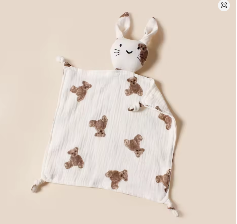 Doudou lapin mousseline coton motif  Ours- doudou plat bebe