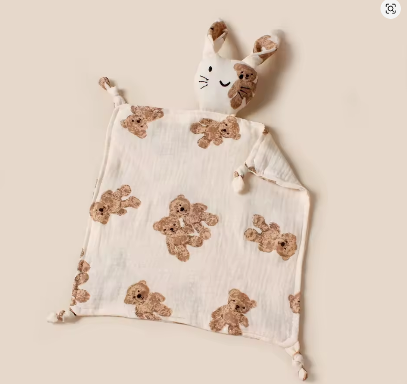 Doudou lapin mousseline coton motif oursons caramel - peluche apaisante bebe