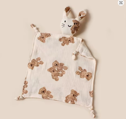 Doudou lapin mousseline coton motif oursons caramel - peluche apaisante bebe