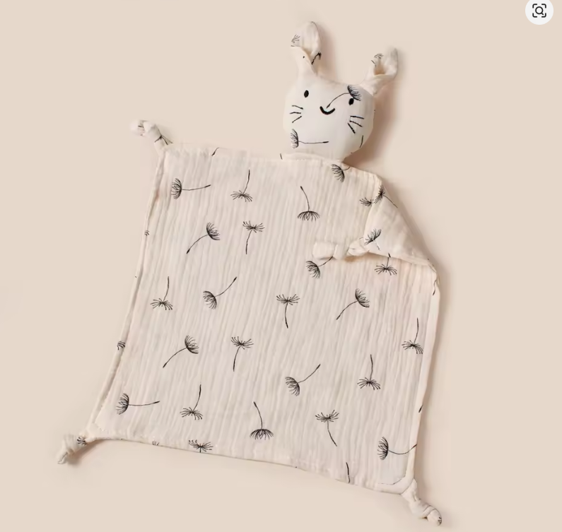 Doudou lapin mousseline coton motif pissenlit blanc - cadeau naissance bebe