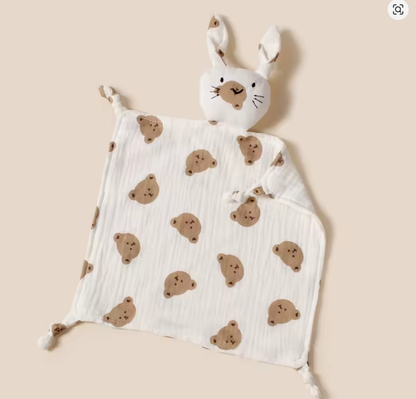 Doudou lapin mousseline coton motif tete Ours- doudou plat bebe