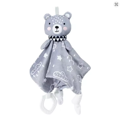 Doudou peluche ours gris bébé avec hochet et couverture étoiles
