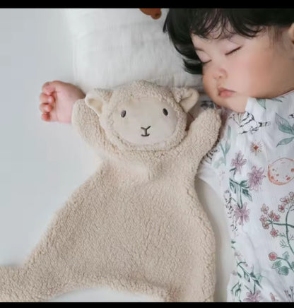 Doudou plat bebe mouton en peluche bouclette douce 