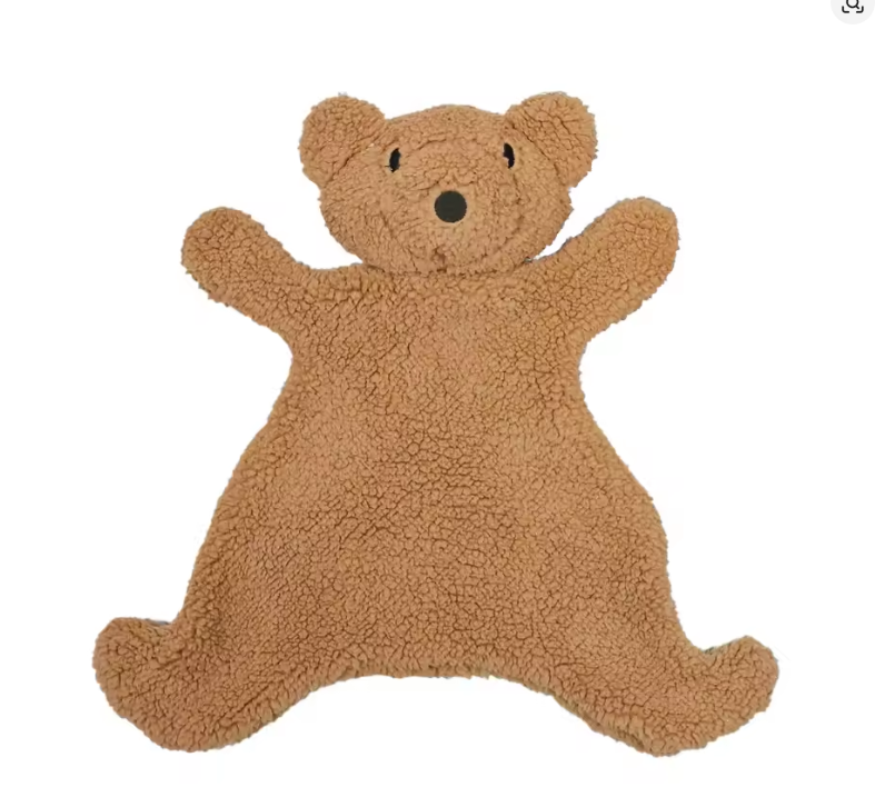 Doudou plat bebe ours marron caramel en peluche bouclette hypoallergénique