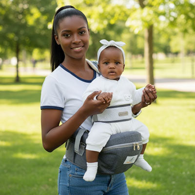 Maman au parc portant son bébé sur la hanche avec le porte-bébé ergonomique gris - Mains libres
