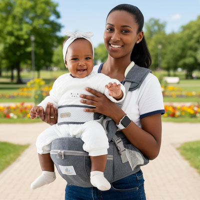 Maman souriante au parc avec bébé confortablement installé sur le siège de hanche ergonomique gris

