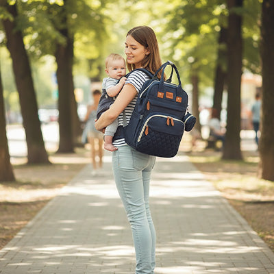 Maman utilisant le sac à langer 3 en 1 comme sac à dos avec bébé