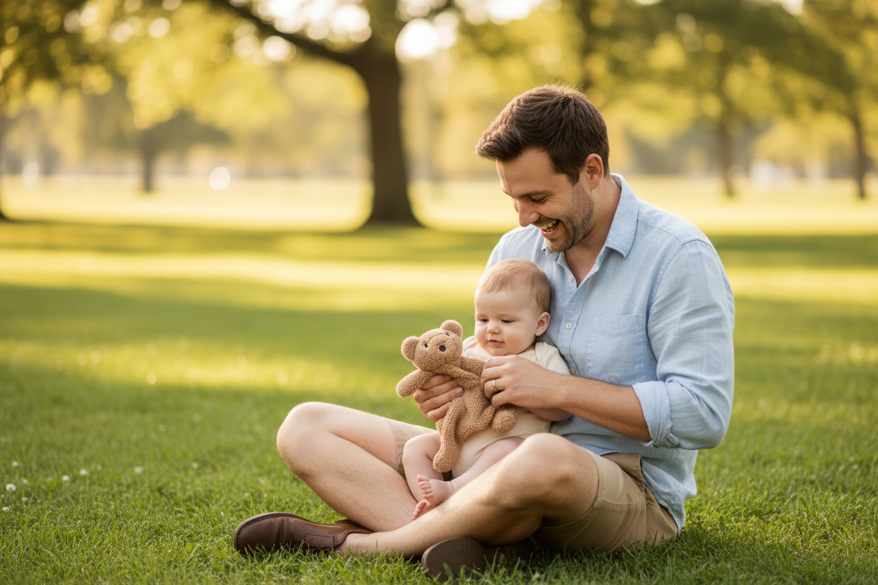 Papa et bebe au parc avec doudou ourson en peluche