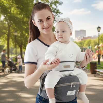 Porte-bébé siège de hanche ergonomique gris - Bébé bien maintenu lors des sorties en ville
