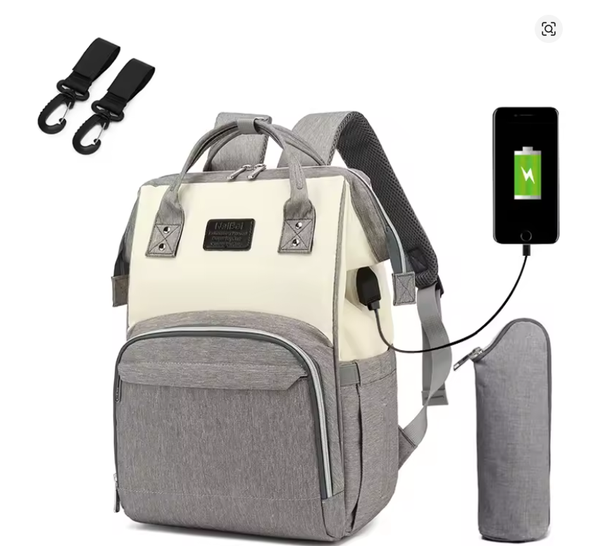 Sac à langer bicolore gris et beige avec port USB, imperméable, grande capacité