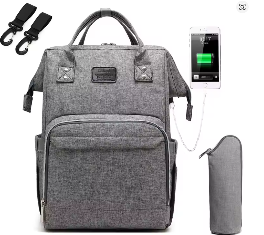 Sac à langer gris clair multifonction avec port USB, fixation poussette et pochette biberon