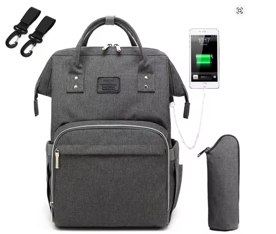 Sac à langer gris foncé avec port USB intégré, porte-bébé et chargeur smartphone inclus