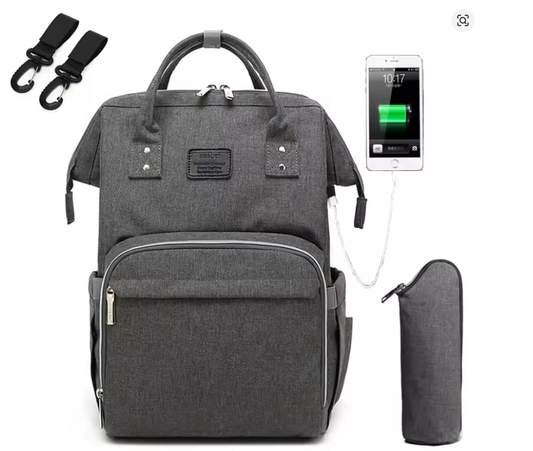 Sac à langer gris foncé avec port USB intégré, porte-bébé et chargeur smartphone inclus