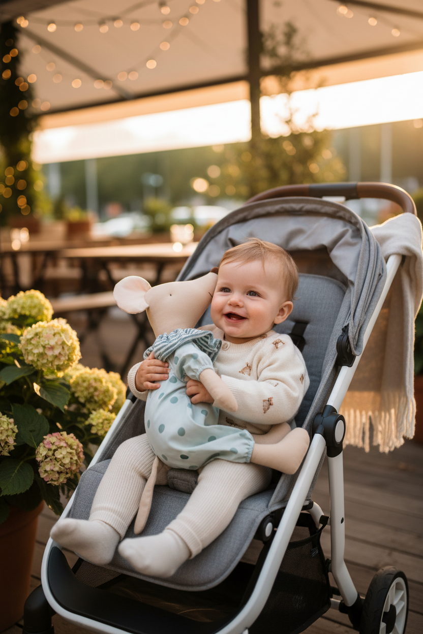 Bébé dans une poussette avec doudou souris