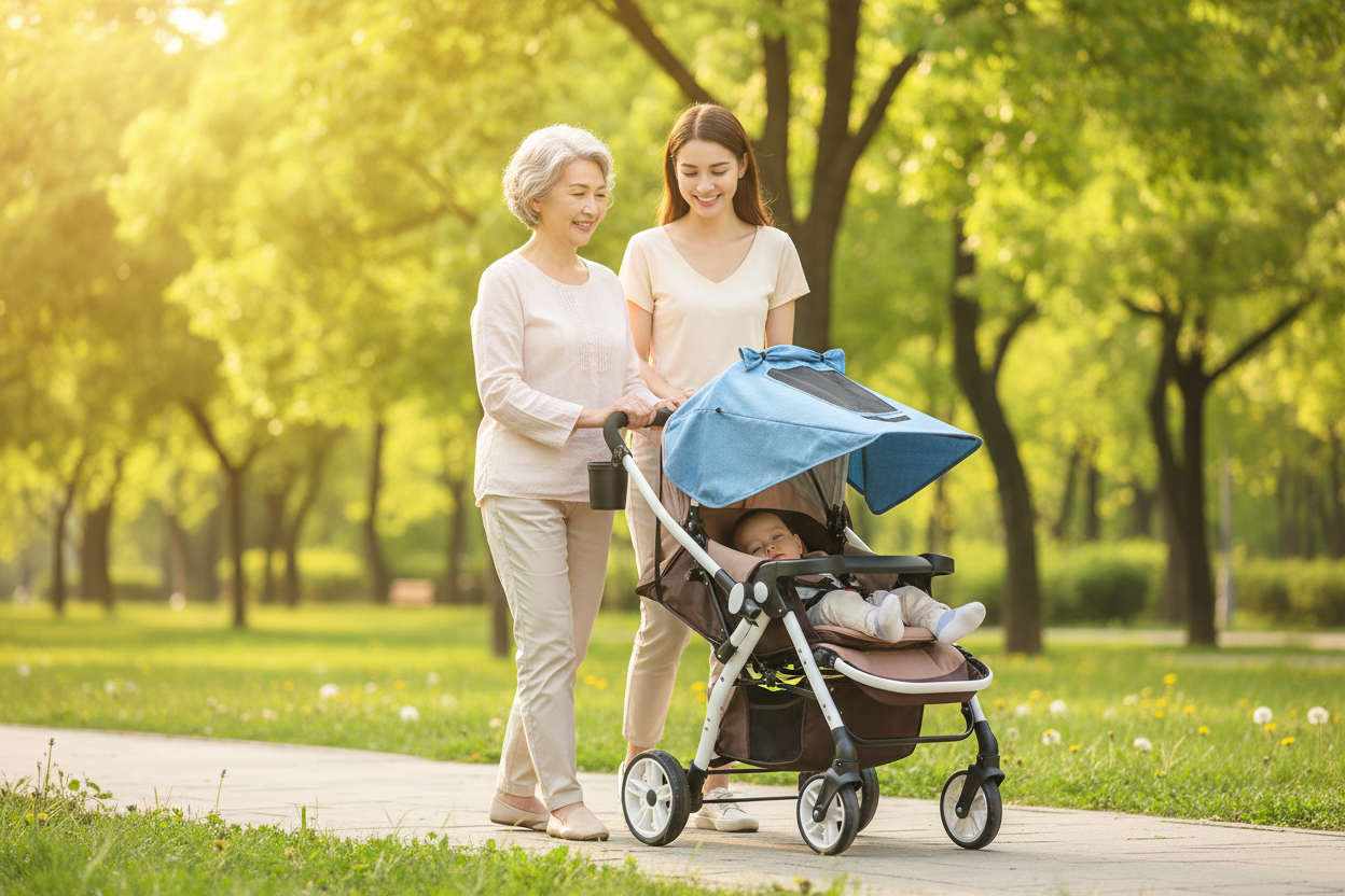 bébé dans la poussette protégé par un  Pare-soleil poussette UV Bleu