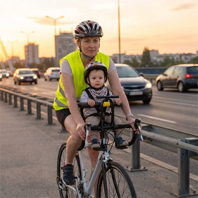 bebe découvre la ville dans un porte bebe vélo