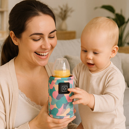 bébé et maman admirent le chauffe-eau  à lait USB