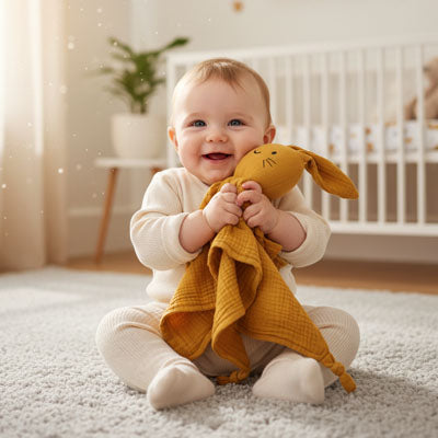 bebe heureux avec son doudou lapin mousseline coton couleur moutarde 