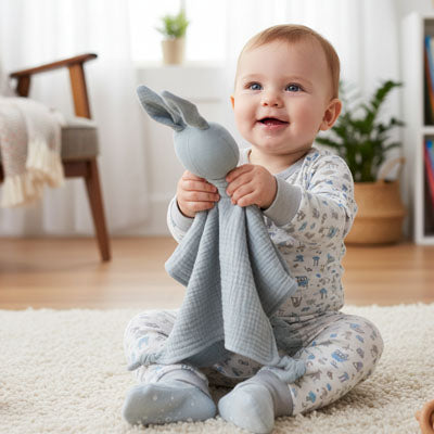 bebe heureux avec son Doudou lapin mousseline coton couleur taupe - peluche apaisante 