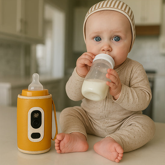 bébé se nourrit avec le Chauffe biberon nomade 