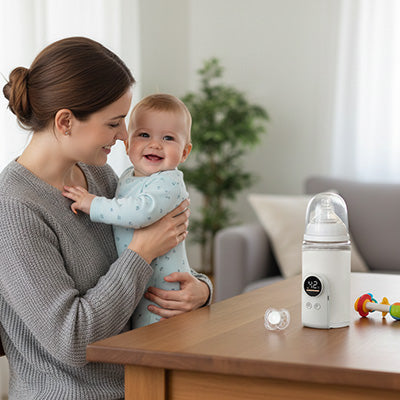 bebe souriant dans les bras de maman le chauffe lait usb pose sur la table a cote