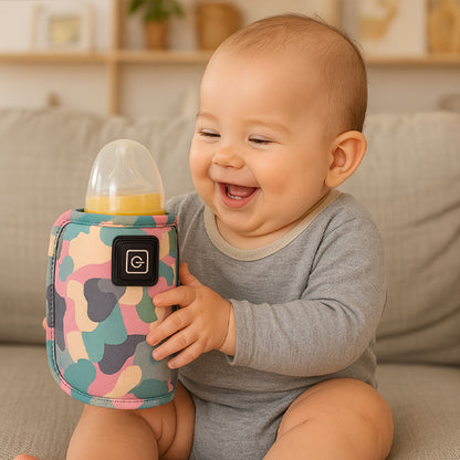 bébé tient le Chauffe-eau à lait USB avec le sourire