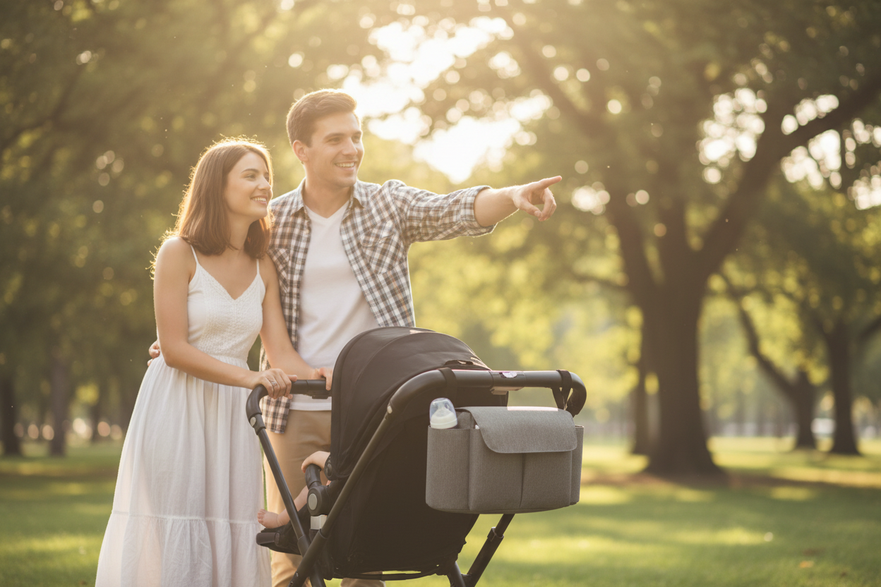 couple avec bébé et un sac organisateur poussette gris