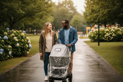 Couple heureux dans un parc avec  une housse de pluie poussette  transparente imperméable
