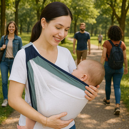 Echarpe de portage balade sentier bébé endormi mains libres