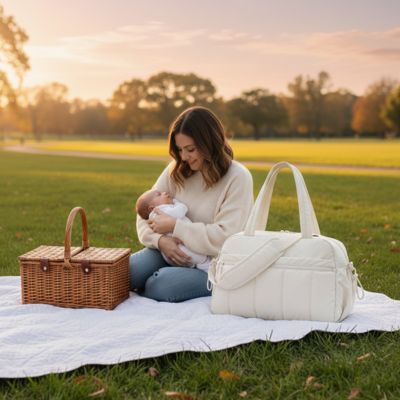 maman assise avec bebe un sac a langer et un panier de pique nique pose a cote