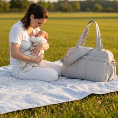 maman assise avec bebe un sac a langer poser a cote dans un park naturel
