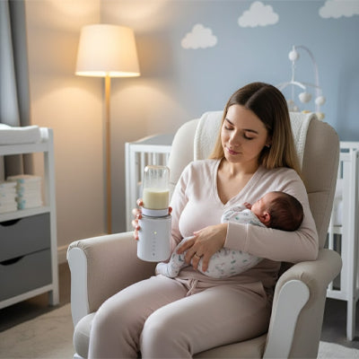 maman assise dans la chambre tient bébé et un chauffe biberon portable dans les bras