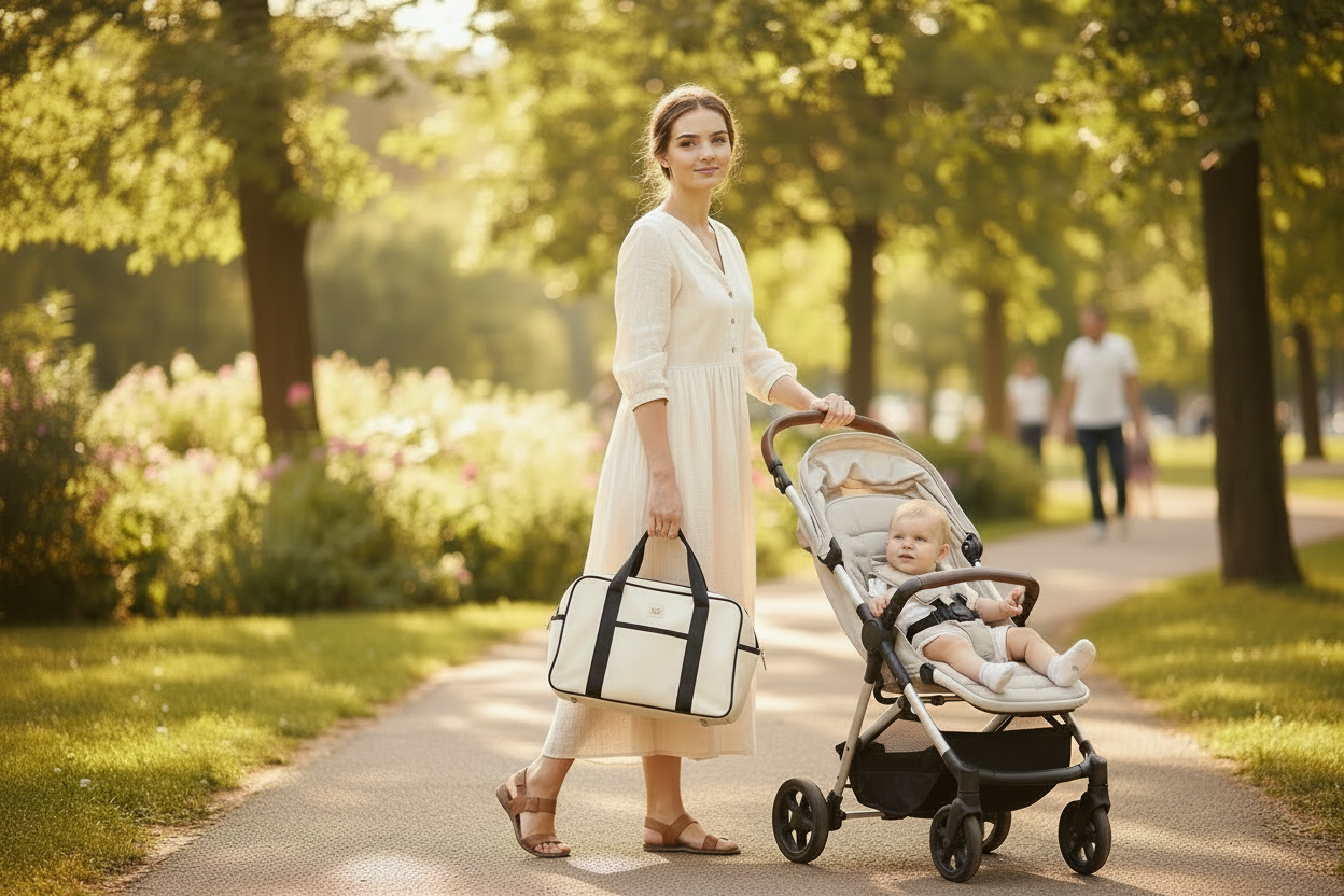 Maman et bébé avec sac a langer au parc