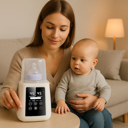 maman et bébé admirent le chauffe biberon stérilisateur 6 en 1