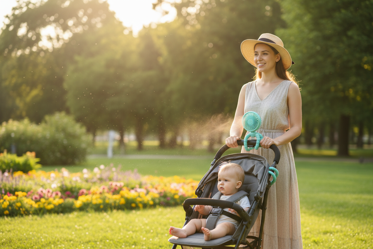 maman et bebe en poussette avec ventilateur poussette