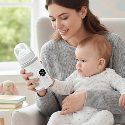maman et bebe tiennent le chauffe lait usb dans les mains