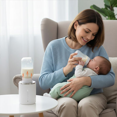 maman nourrit bébé au biberon un chauffe biberon portable pose a coté
