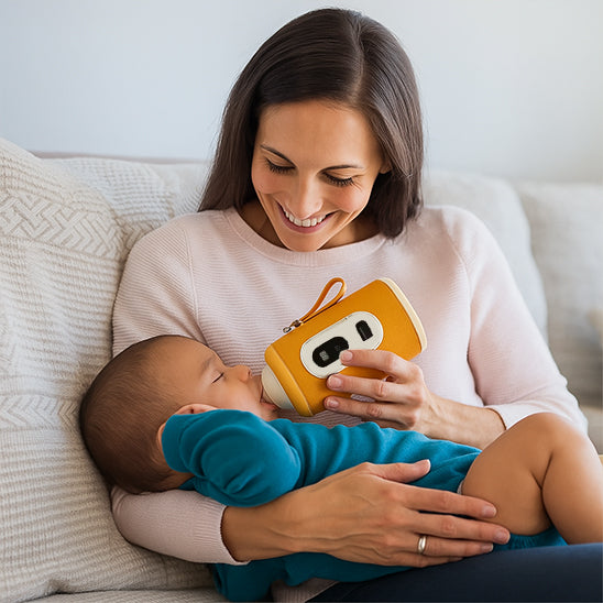 Maman nourrit bébé avec le Chauffe biberon nomade en souriant
