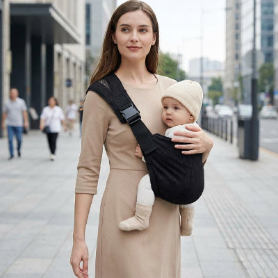 maman se balade avec bébé dans une porte bébé bandoulière noir
